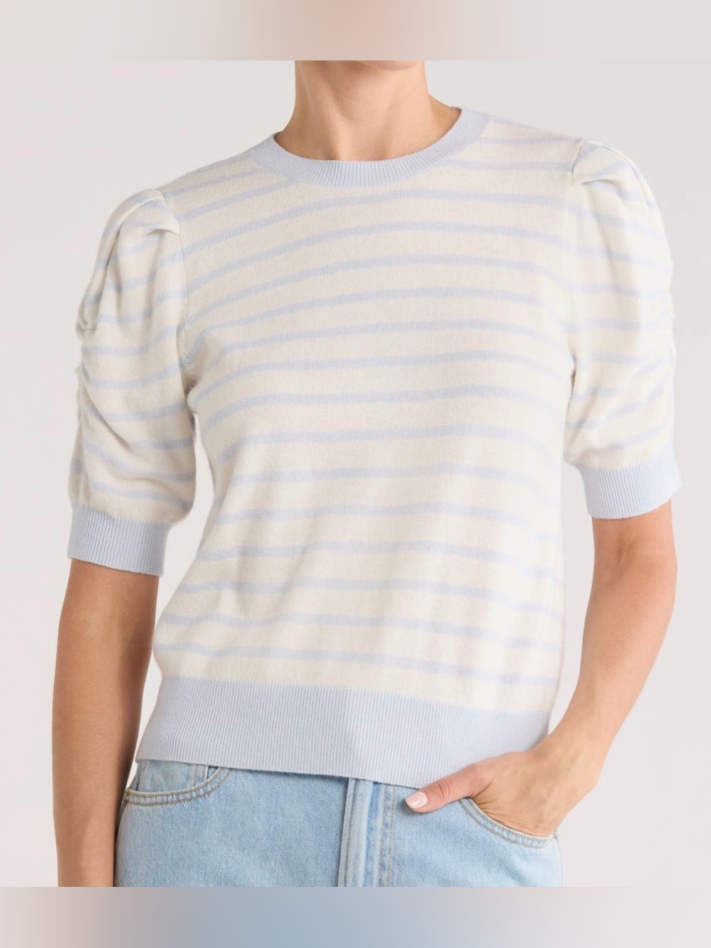 NWT FRAME Ruched Puff Short Sleeve Stripe Sweater Chambray Blue S